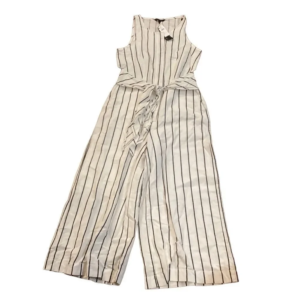 NWT Banana Republic white/black striped linen blend wide pant jumpsuit Small